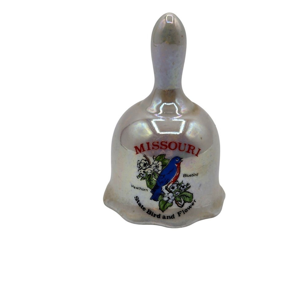 Missouri State Bird Bluebird Hawthorn Souvenir Iridescent Porcelain Ceramic Bell